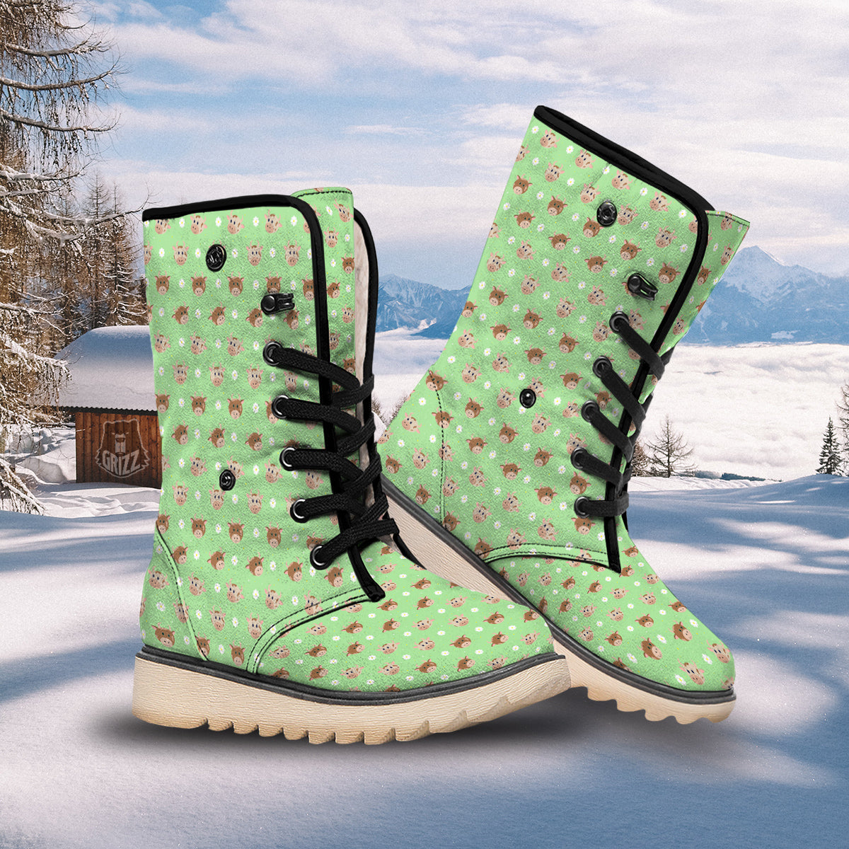 Cow Cartoon And Daisy Flower Print Snow Boots-grizzshop
