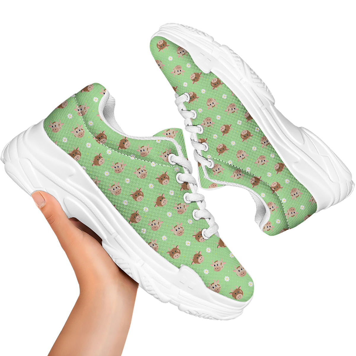Cow Cartoon And Daisy Flower Print White Chunky Shoes-grizzshop