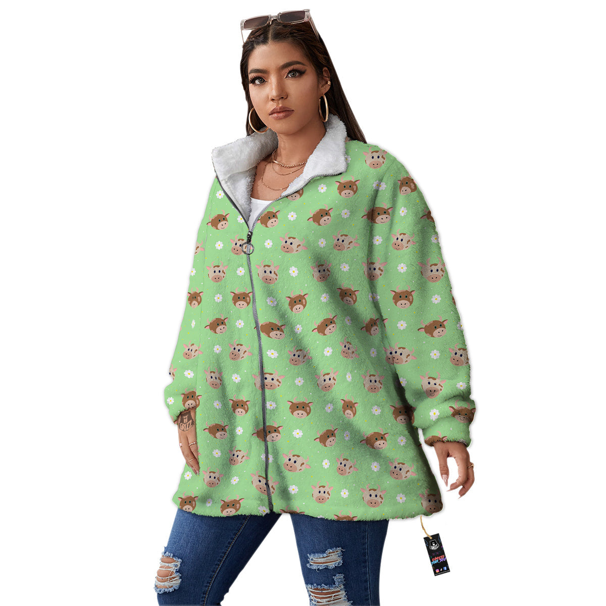 Cow Cartoon And Daisy Flower Print Women's Sherpa Jacket-grizzshop