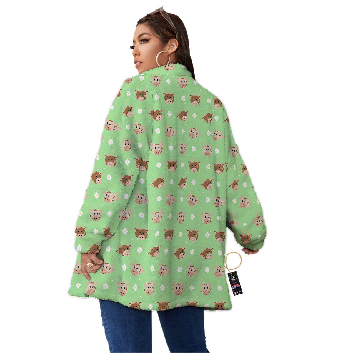 Cow Cartoon And Daisy Flower Print Women's Sherpa Jacket-grizzshop