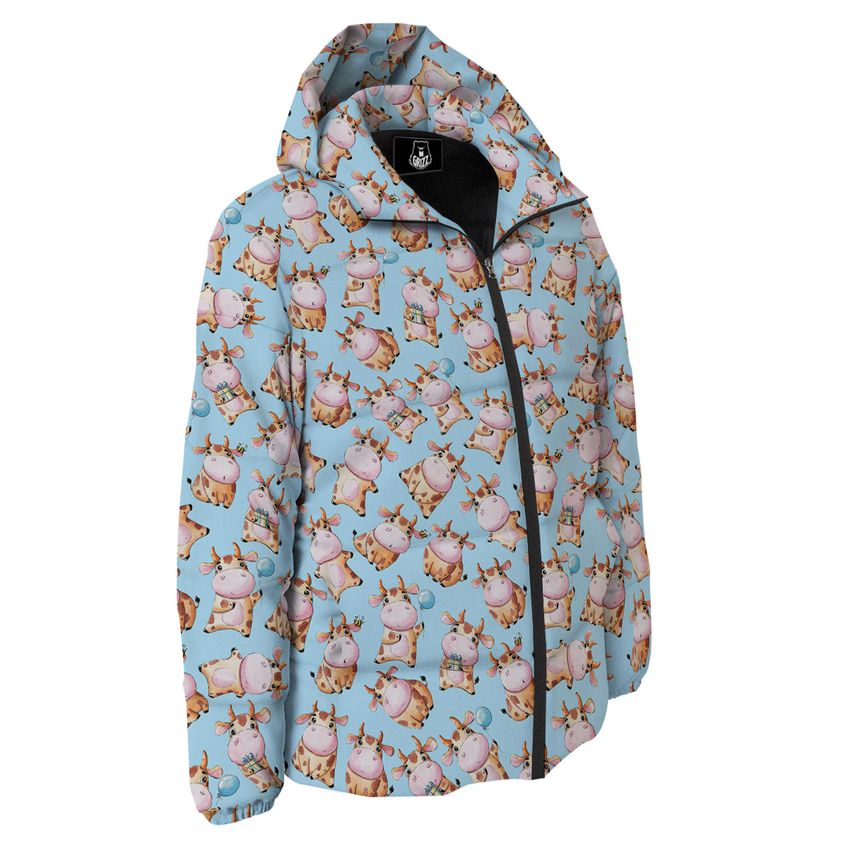 Cow Cartoon Watercolor Print Pattern Down Jacket-grizzshop
