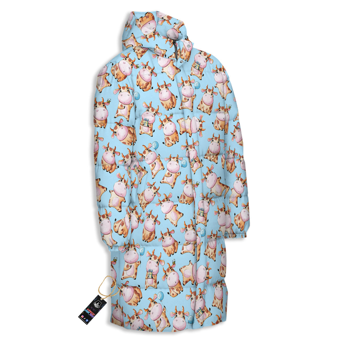 Cow Cartoon Watercolor Print Pattern Long Down Jacket-grizzshop
