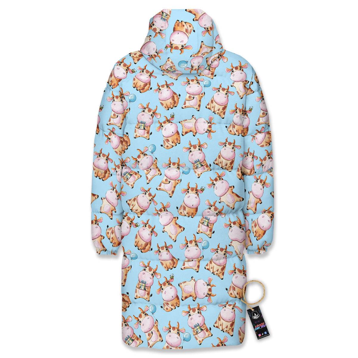Cow Cartoon Watercolor Print Pattern Long Down Jacket-grizzshop