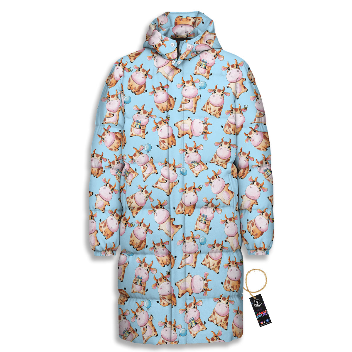 Cow Cartoon Watercolor Print Pattern Long Down Jacket-grizzshop