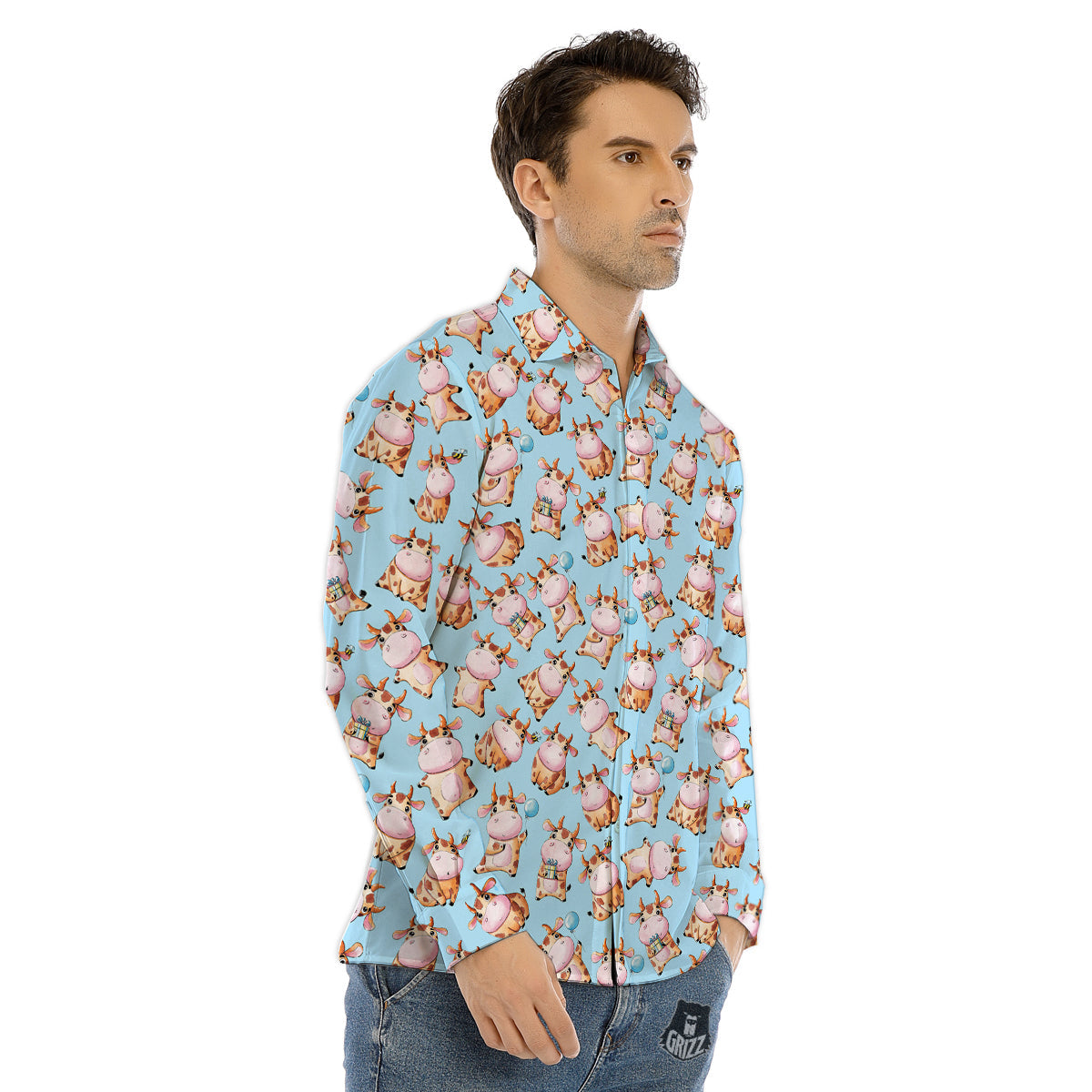Cow Cartoon Watercolor Print Pattern Men's Dress Shirts-grizzshop