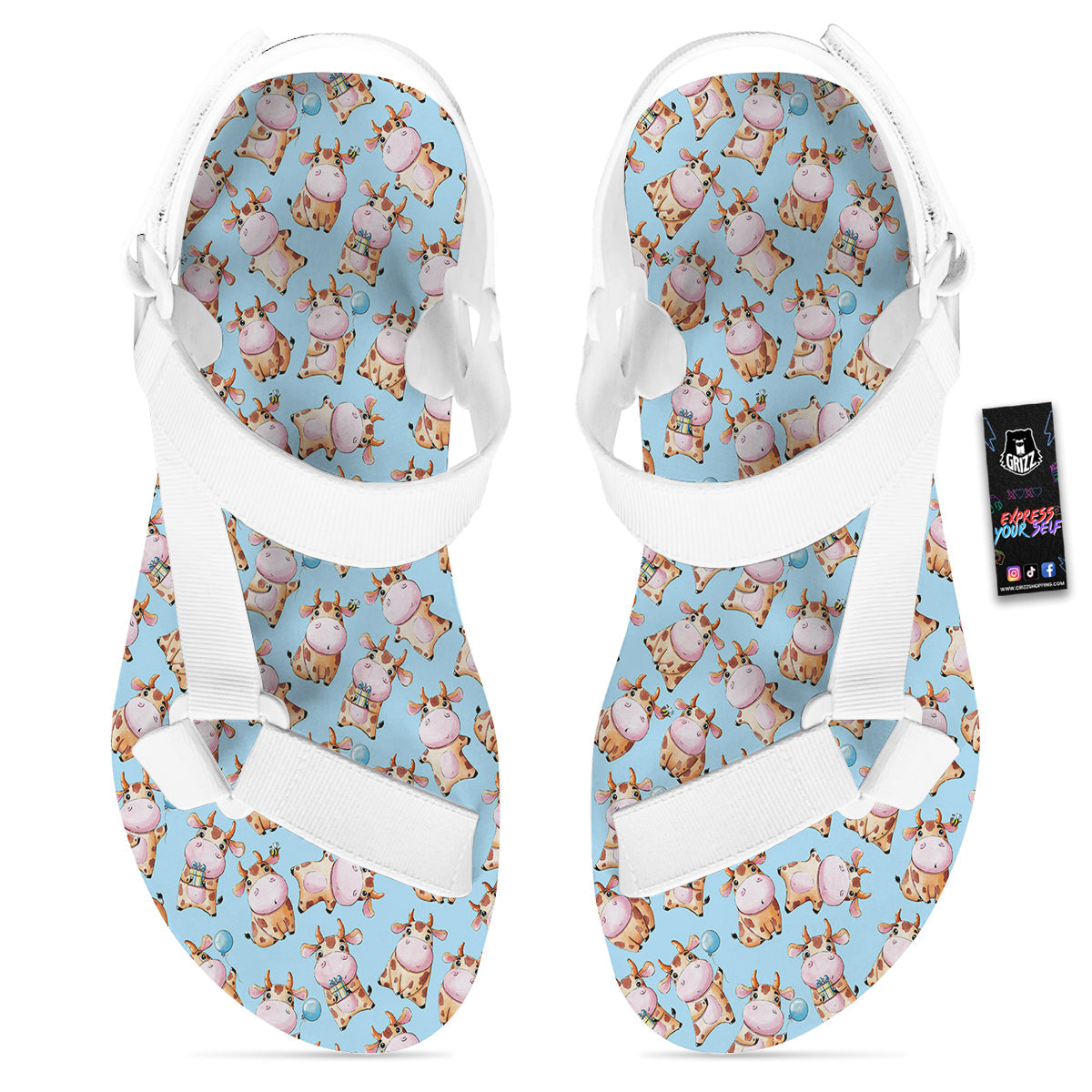 Cow Cartoon Watercolor Print Pattern White Open Toe Sandals-grizzshop