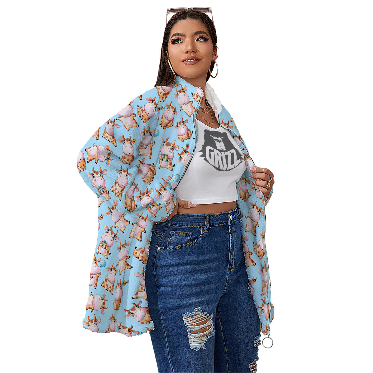 Cow Cartoon Watercolor Print Pattern Women's Sherpa Jacket-grizzshop