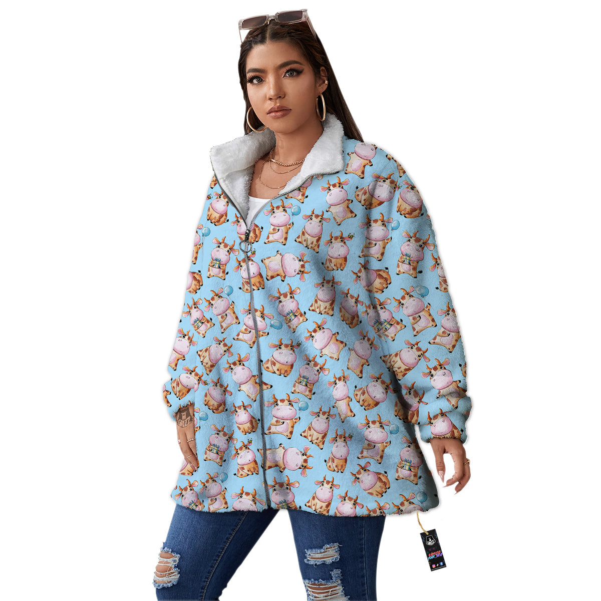 Cow Cartoon Watercolor Print Pattern Women's Sherpa Jacket-grizzshop