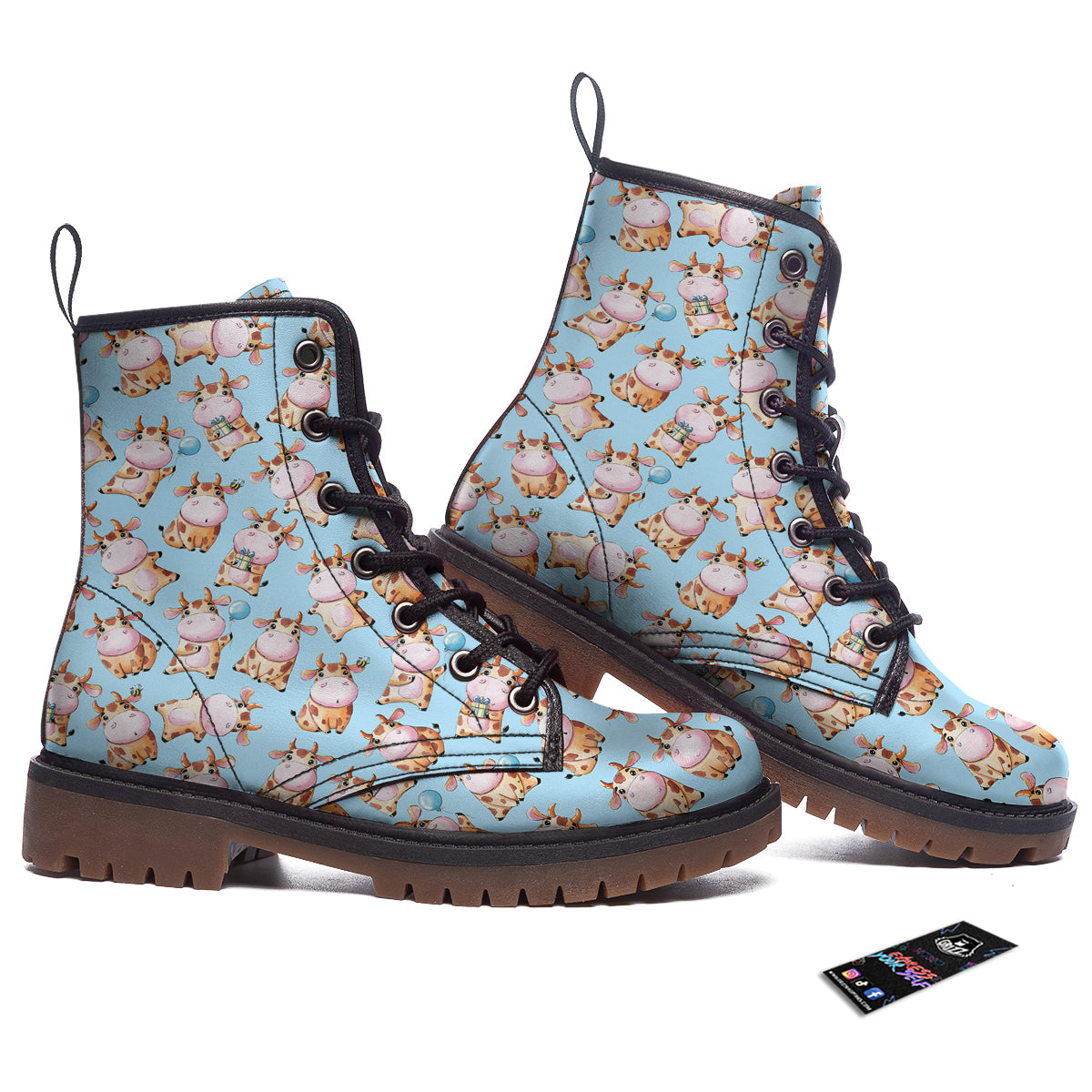 Cow Cartoon Watercolor Print Pattern Work Boots-grizzshop