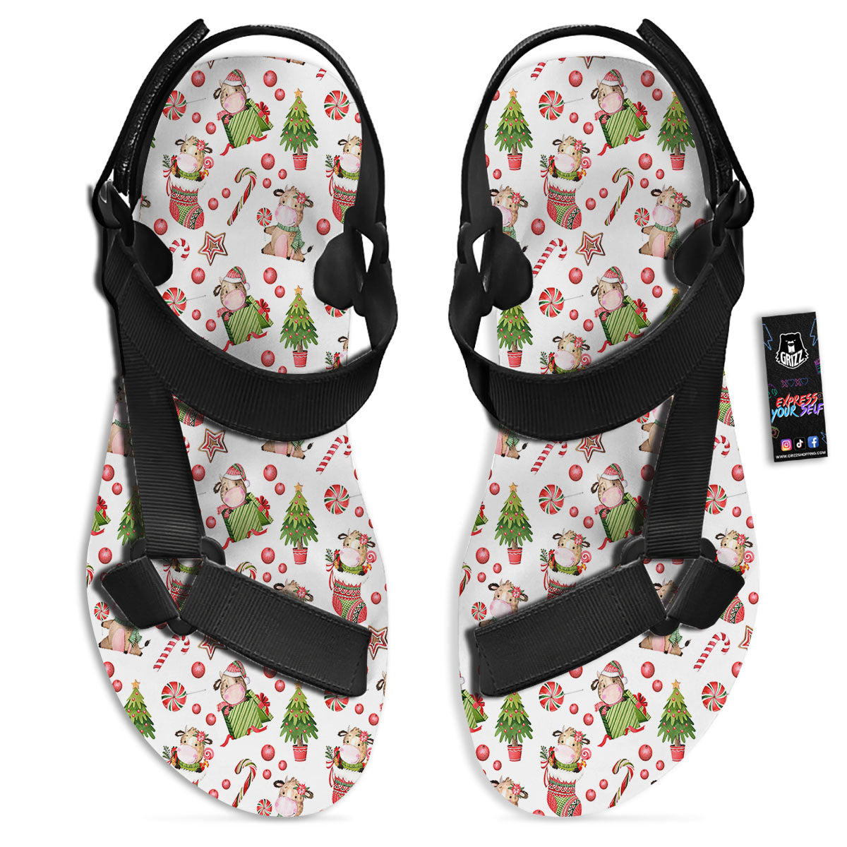 Cow Christmas Print Pattern Black Open Toe Sandals-grizzshop