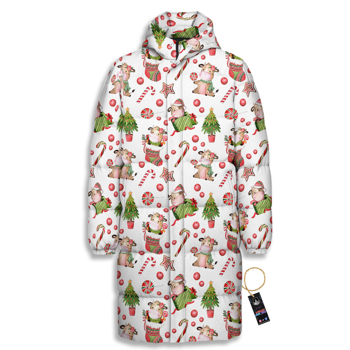 Cow Christmas Print Pattern Long Down Jacket-grizzshop