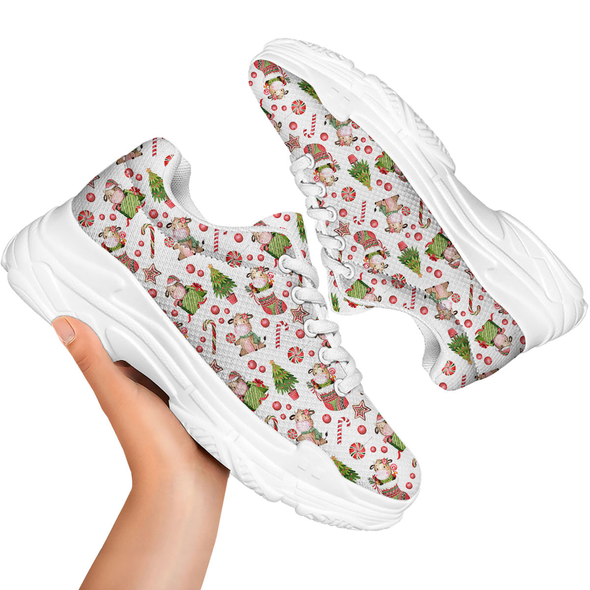 Cow Christmas Print Pattern White Chunky Shoes-grizzshop