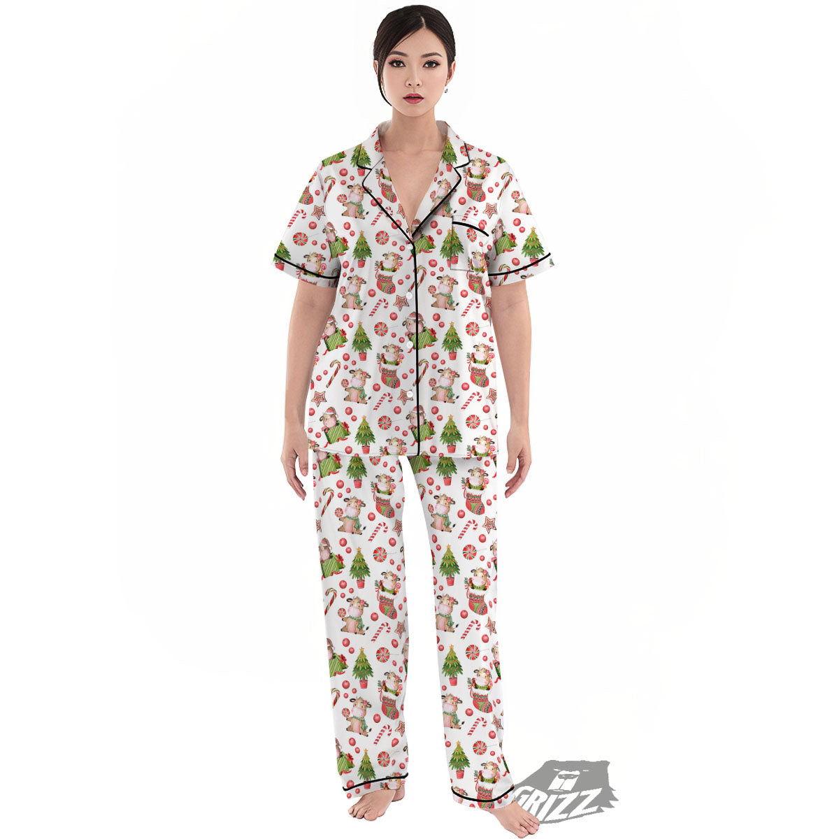 Cow Christmas Print Pattern Women's Pajamas Set-grizzshop
