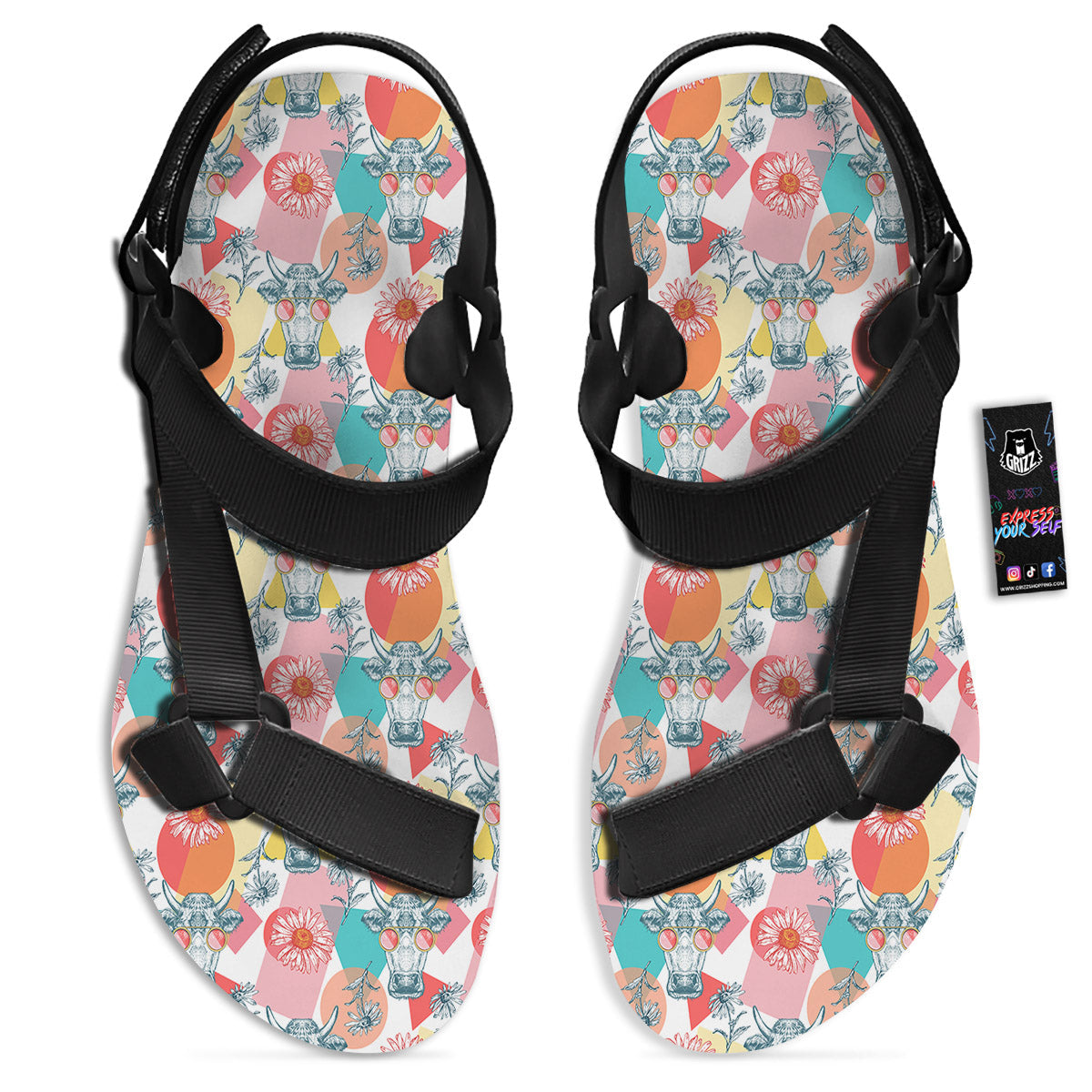 Cow Colorful Print Pattern Black Open Toe Sandals-grizzshop