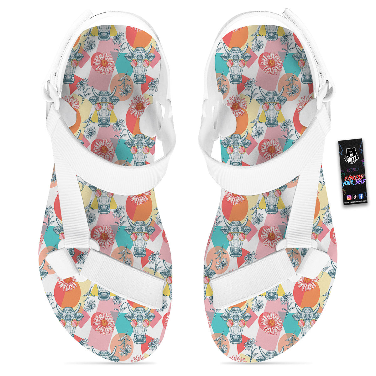 Cow Colorful Print Pattern White Open Toe Sandals-grizzshop