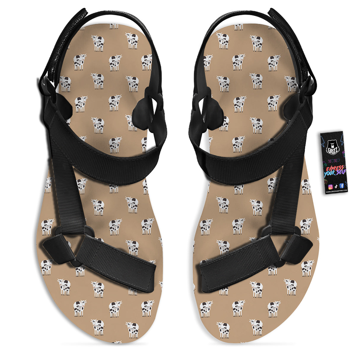 Cow Cute And Baby Cow Print Pattern Black Open Toe Sandals-grizzshop