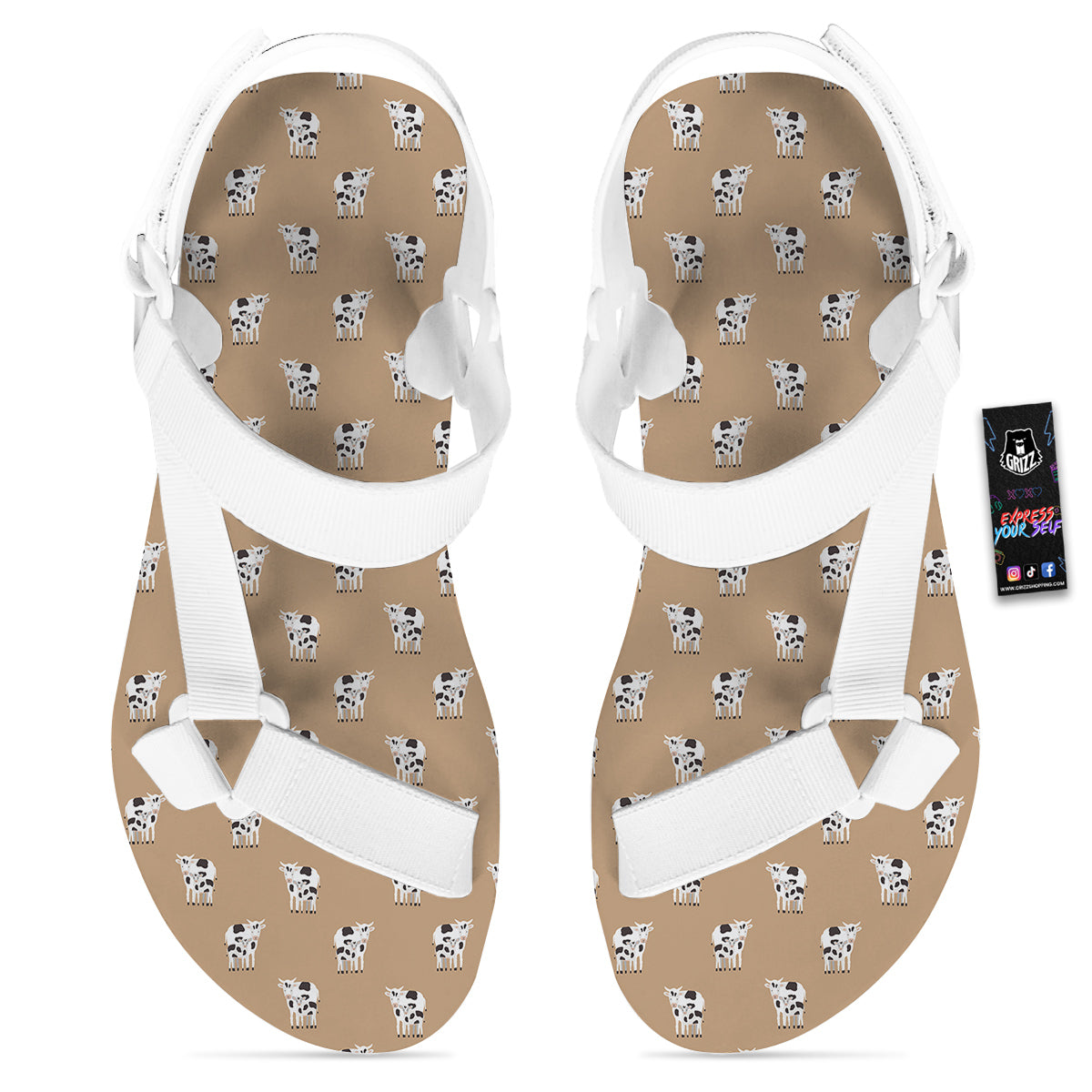 Cow Cute And Baby Cow Print Pattern White Open Toe Sandals-grizzshop