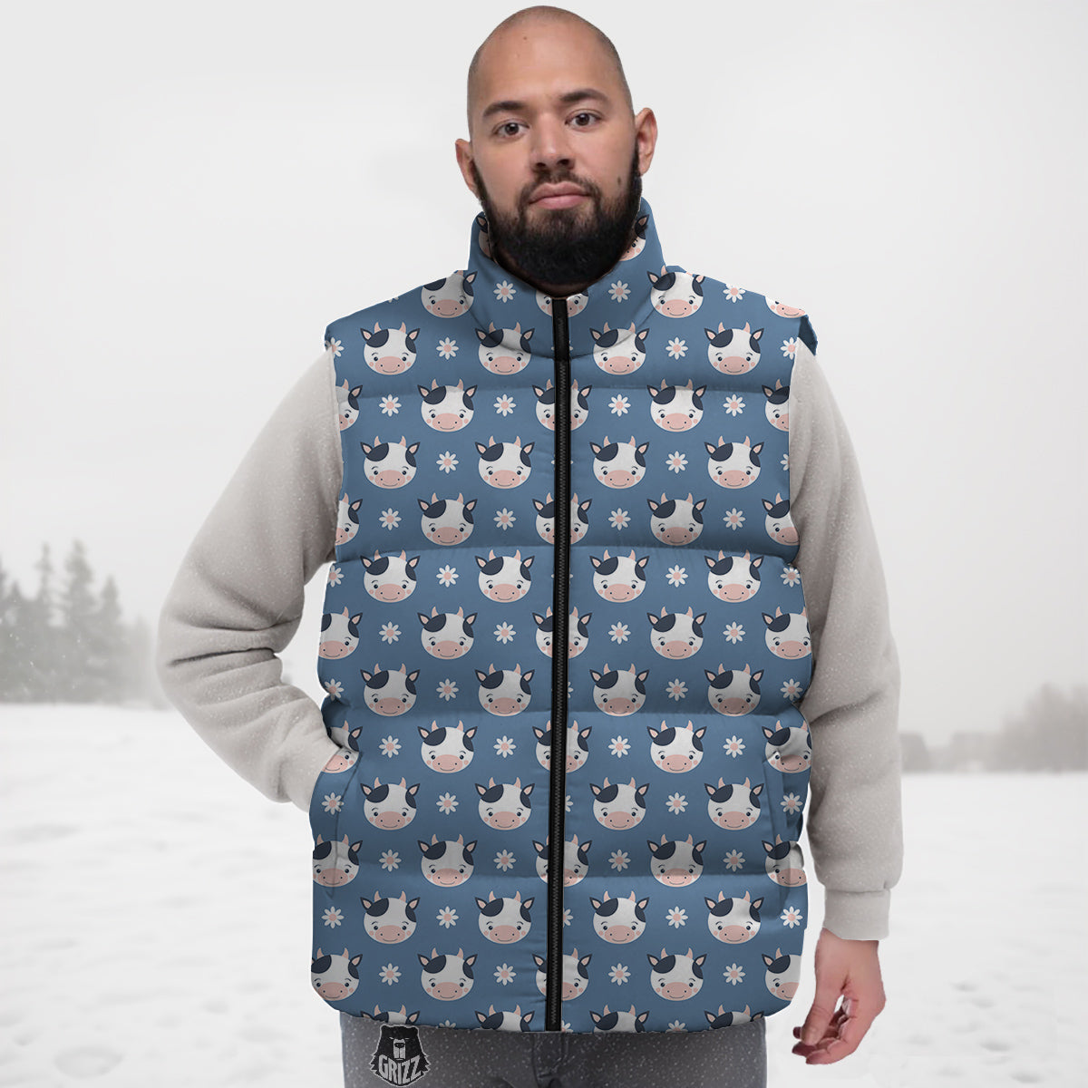 Cow Cute And Daisy Flower Print Pattern Down Vest