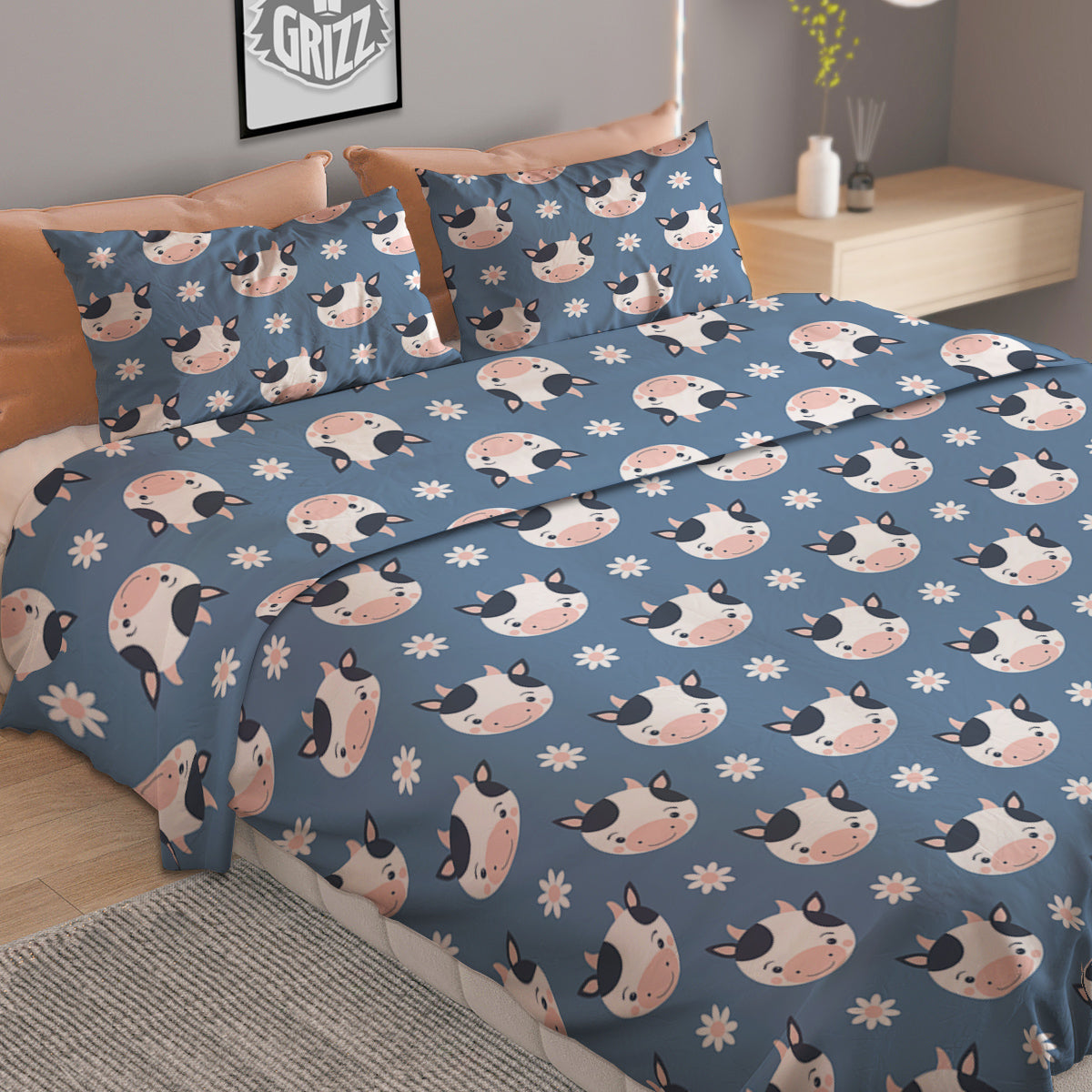 Cow Cute And Daisy Flower Print Pattern Duvet Cover Bedding Set