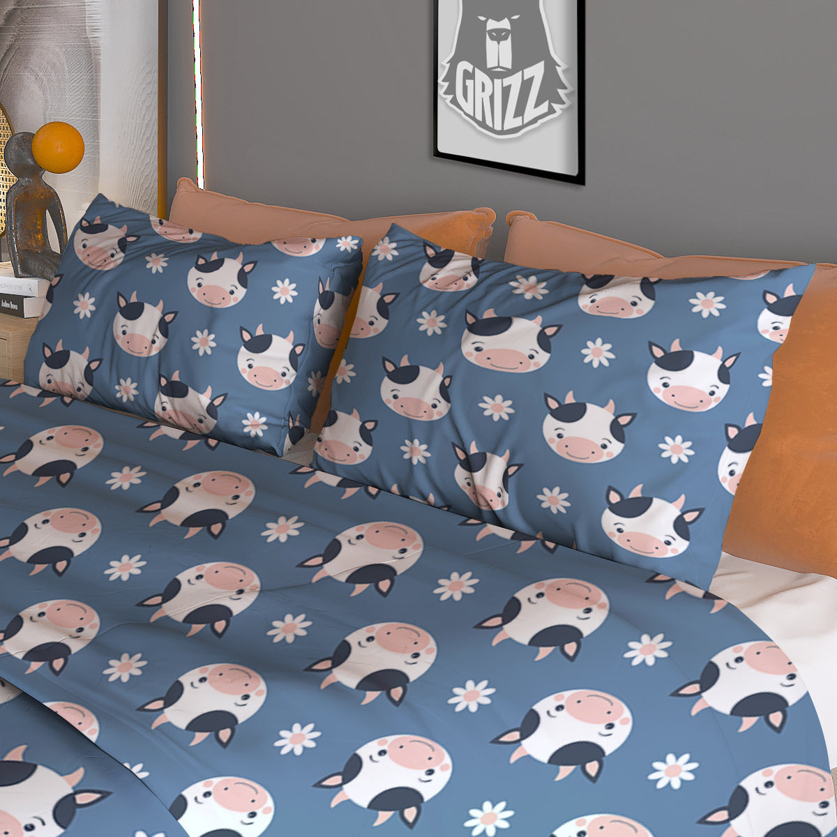 Cow Cute And Daisy Flower Print Pattern Duvet Cover Bedding Set