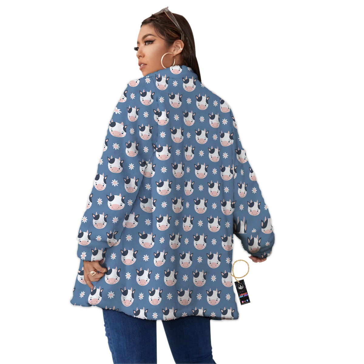 Cow Cute And Daisy Flower Print Pattern Women's Sherpa Jacket-grizzshop