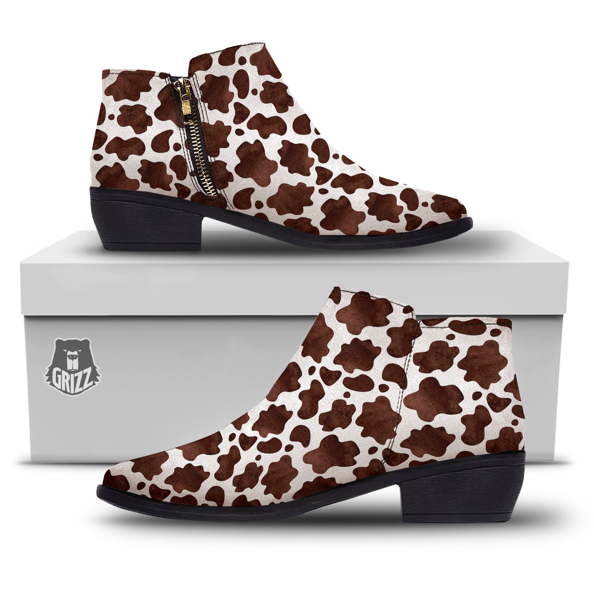 Cow Dark Brown Print Ankle Boots-grizzshop