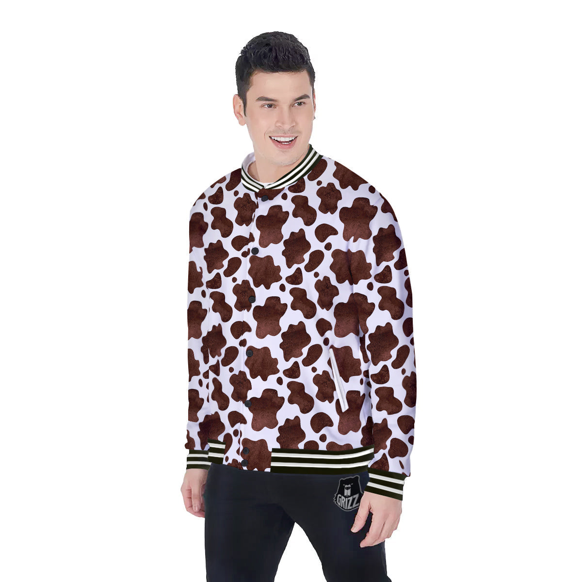 Cow Dark Brown Print Baseball Jacket-grizzshop