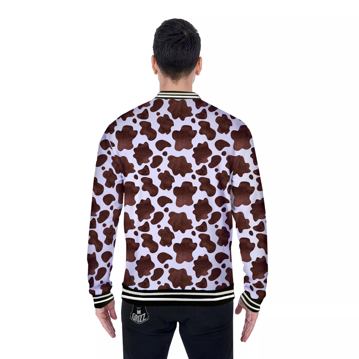 Cow Dark Brown Print Baseball Jacket-grizzshop
