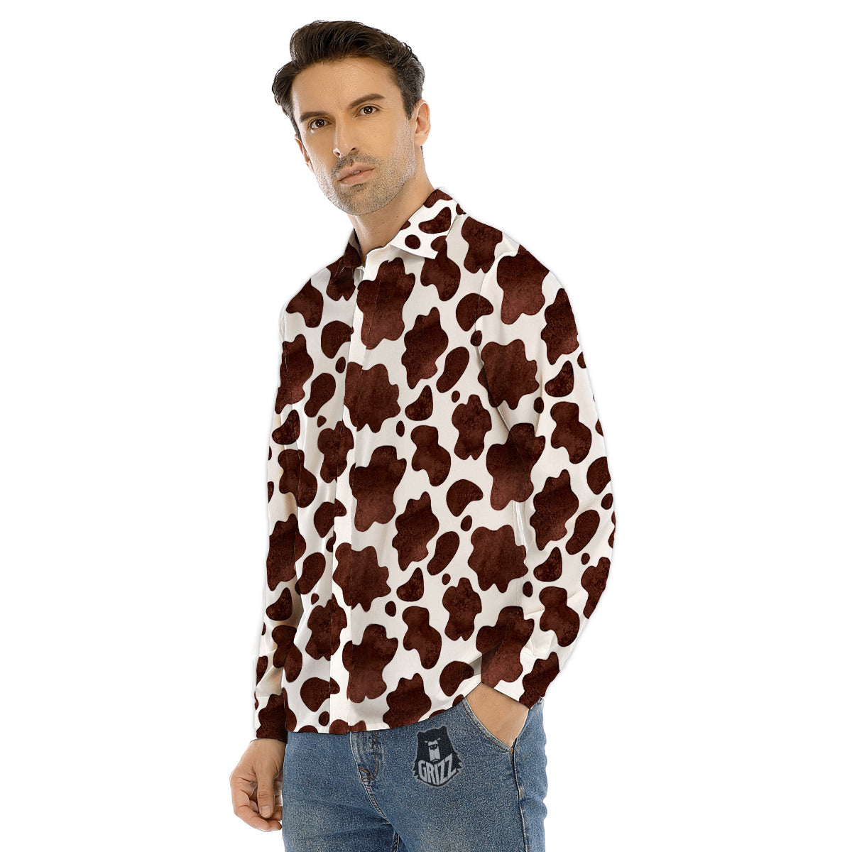 Cow Dark Brown Print Men's Dress Shirts-grizzshop
