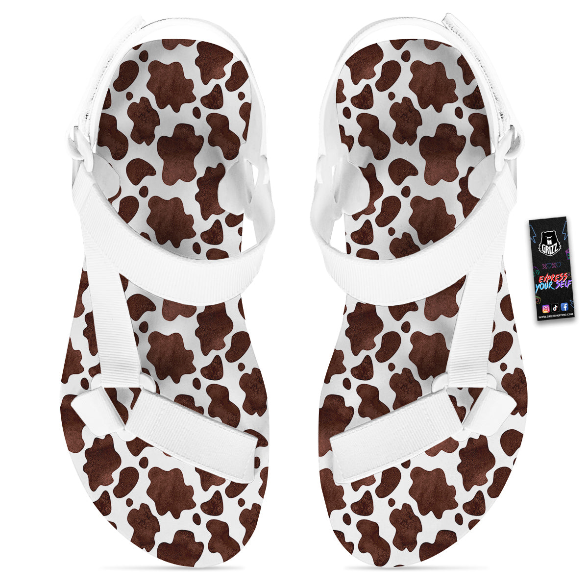 Cow Dark Brown Print White Open Toe Sandals-grizzshop