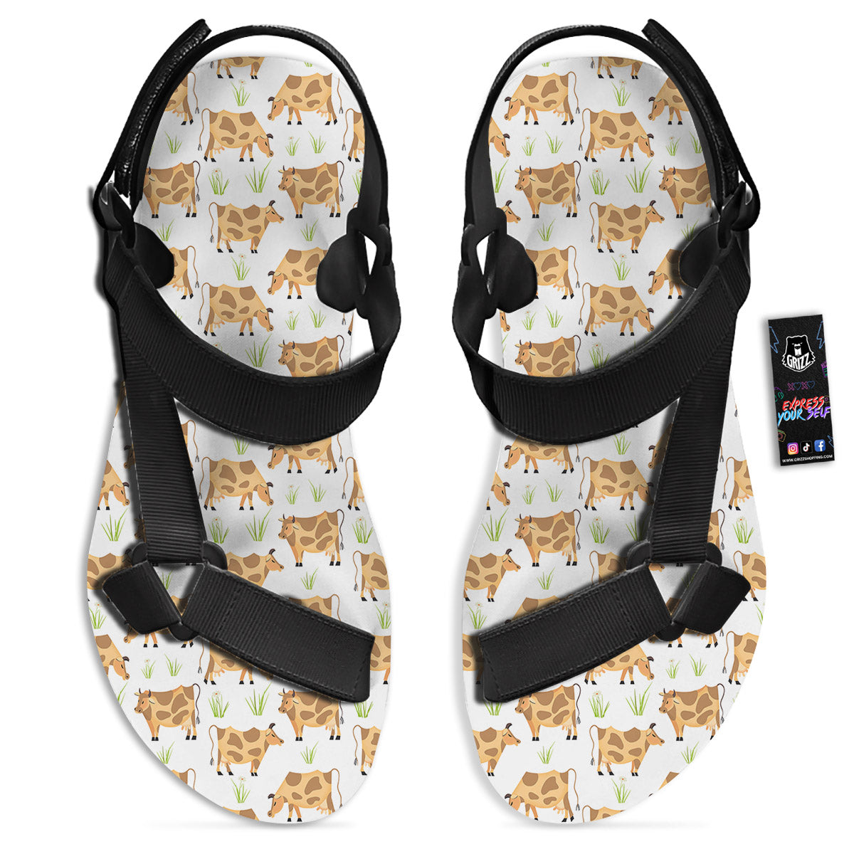 Cow Farm Cartoon Dairy Print Pattern Black Open Toe Sandals-grizzshop