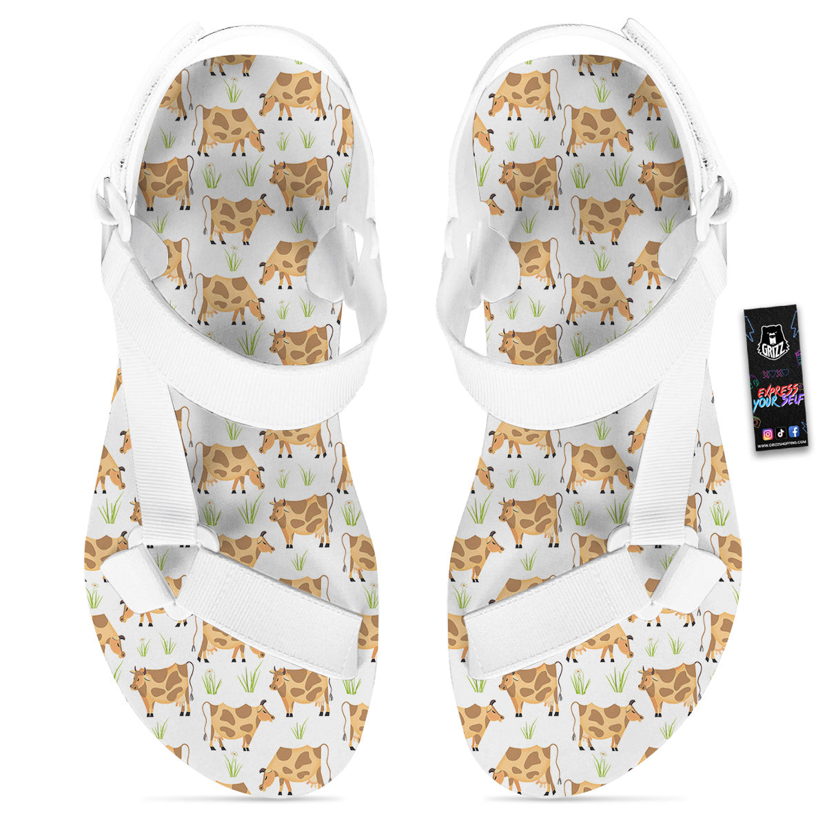 Cow Farm Cartoon Dairy Print Pattern White Open Toe Sandals-grizzshop