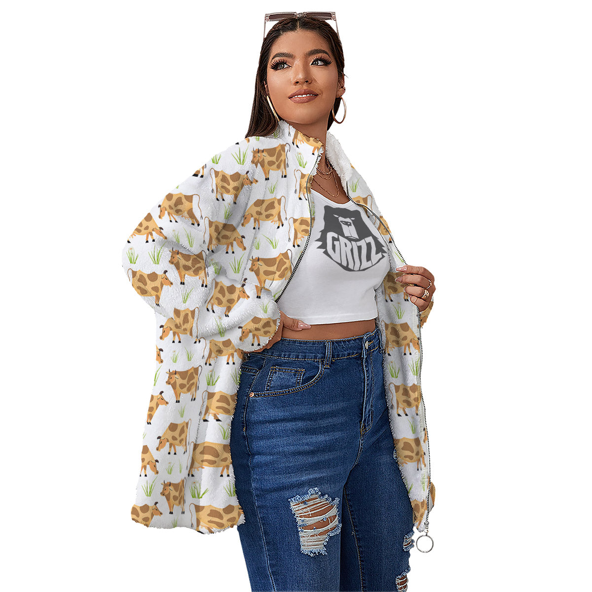 Cow Farm Cartoon Dairy Print Pattern Women's Sherpa Jacket-grizzshop