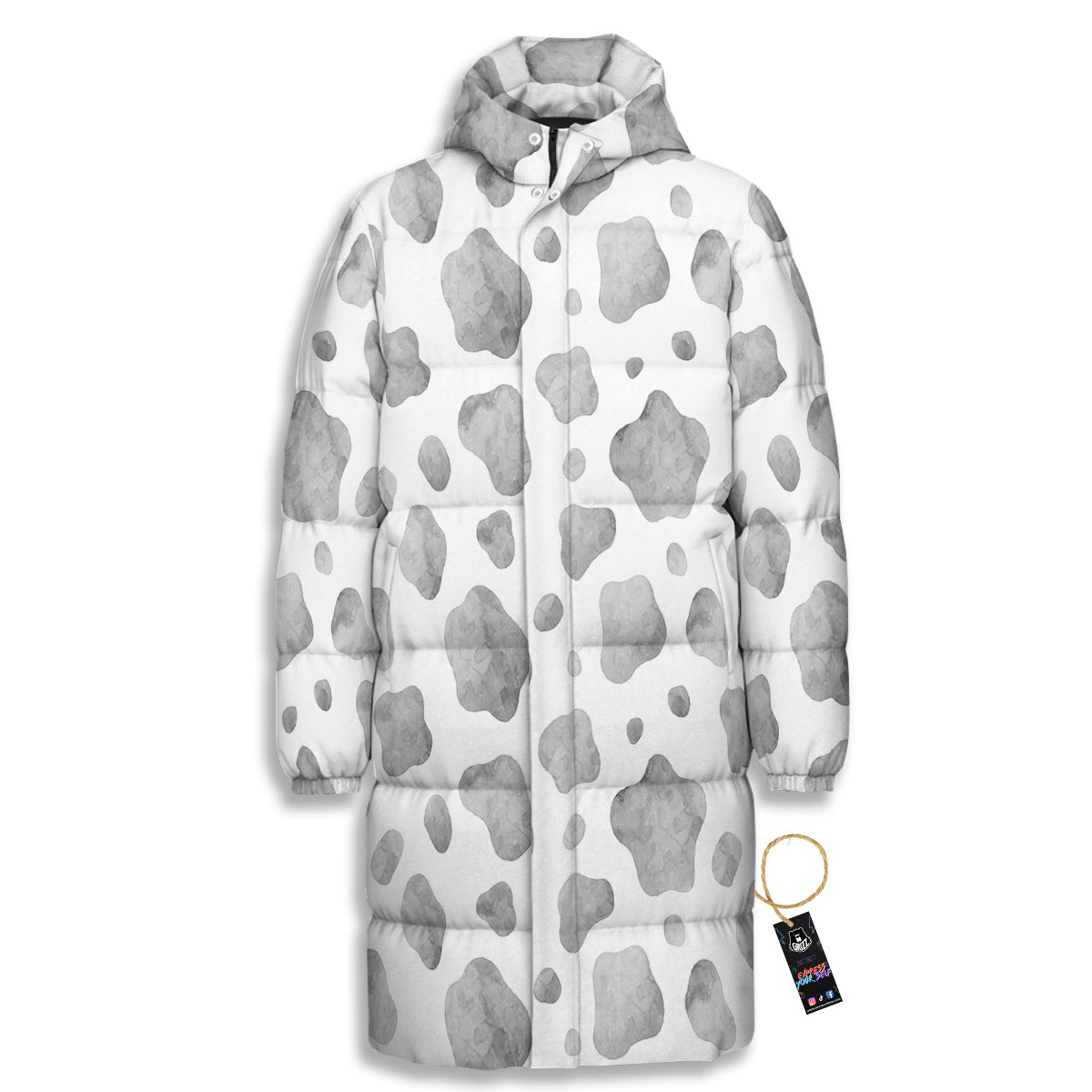 Cow Grey And White Print Pattern Long Down Jacket-grizzshop