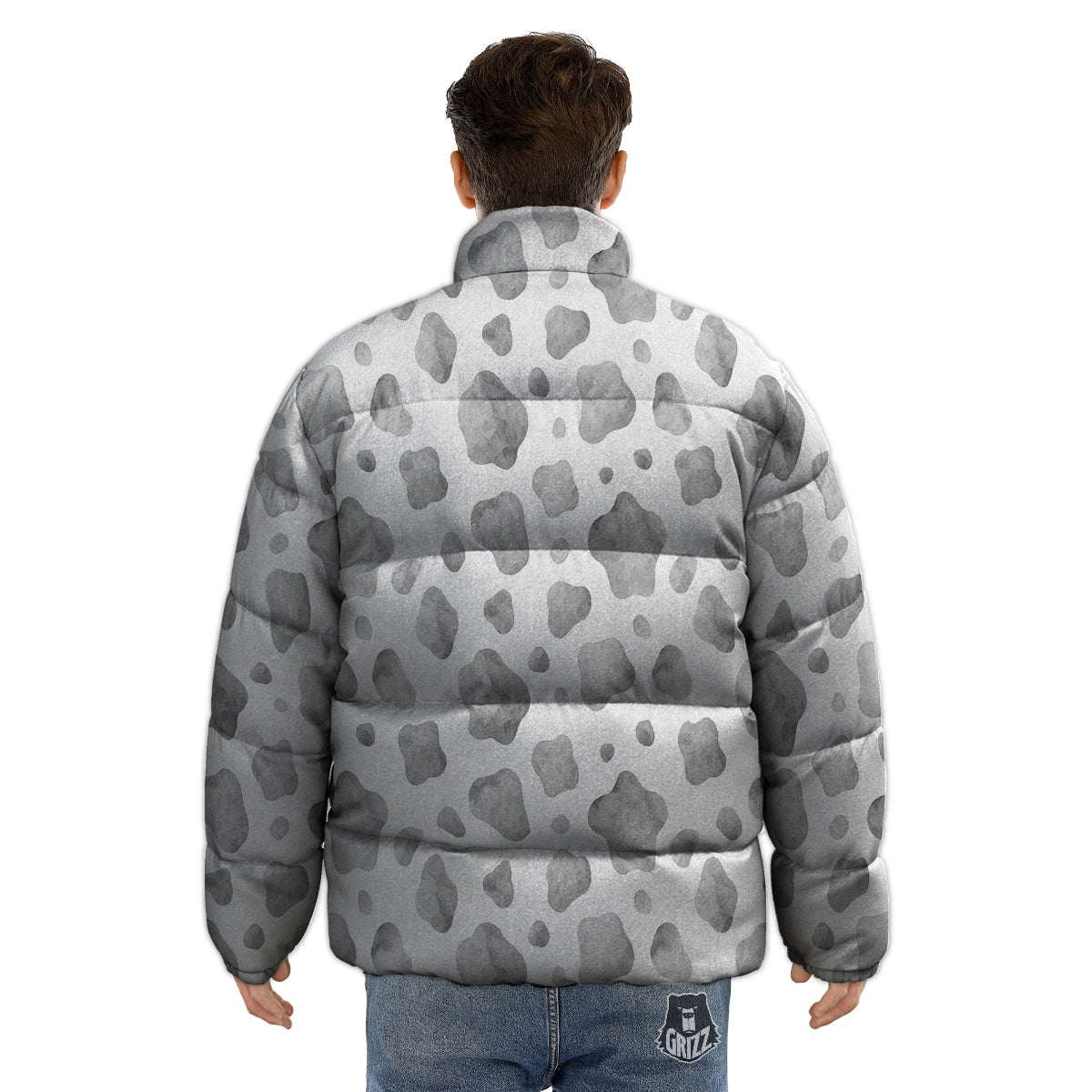 Cow Grey And White Print Pattern Puffer Jacket-grizzshop