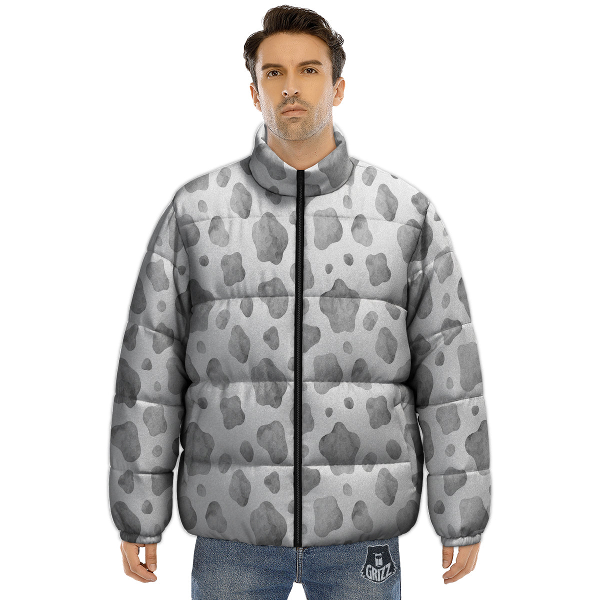 Cow Grey And White Print Pattern Puffer Jacket-grizzshop