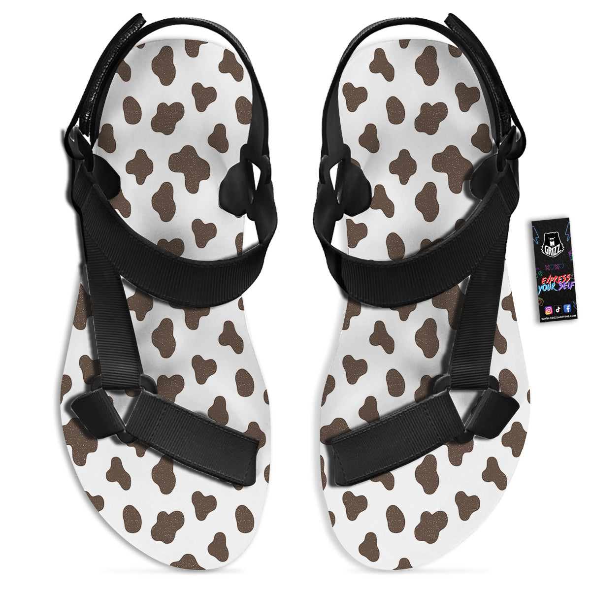 Cow Milk And Chocolate Print Black Open Toe Sandals-grizzshop