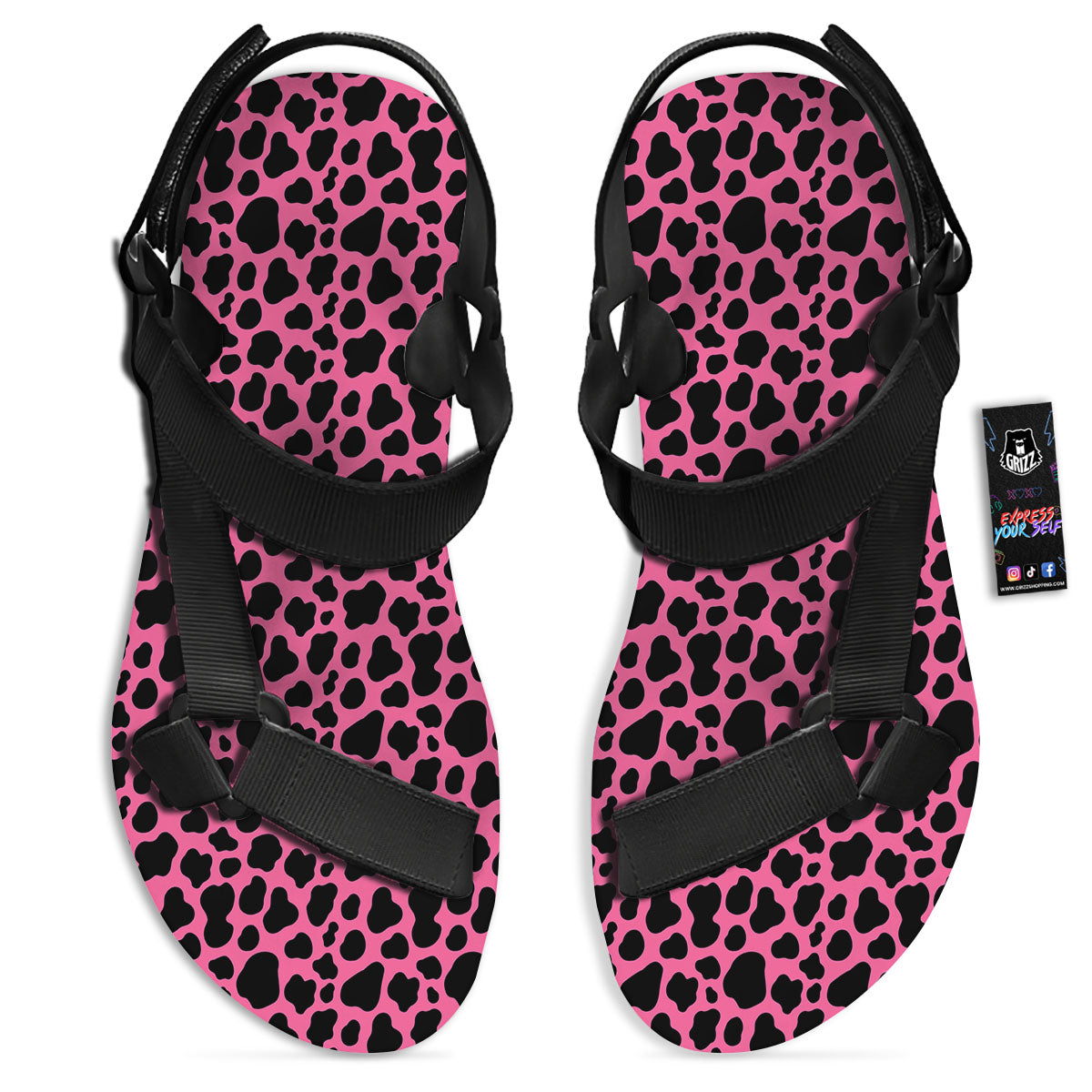 Cow Pink And Black Print Black Open Toe Sandals-grizzshop