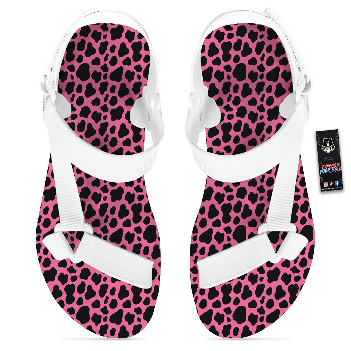 Cow Pink And Black Print White Open Toe Sandals-grizzshop