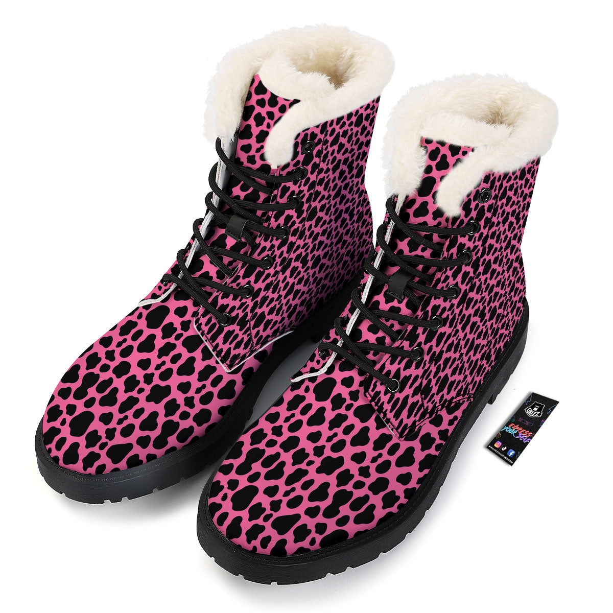 Cow Pink And Black Print Winter Boots-grizzshop