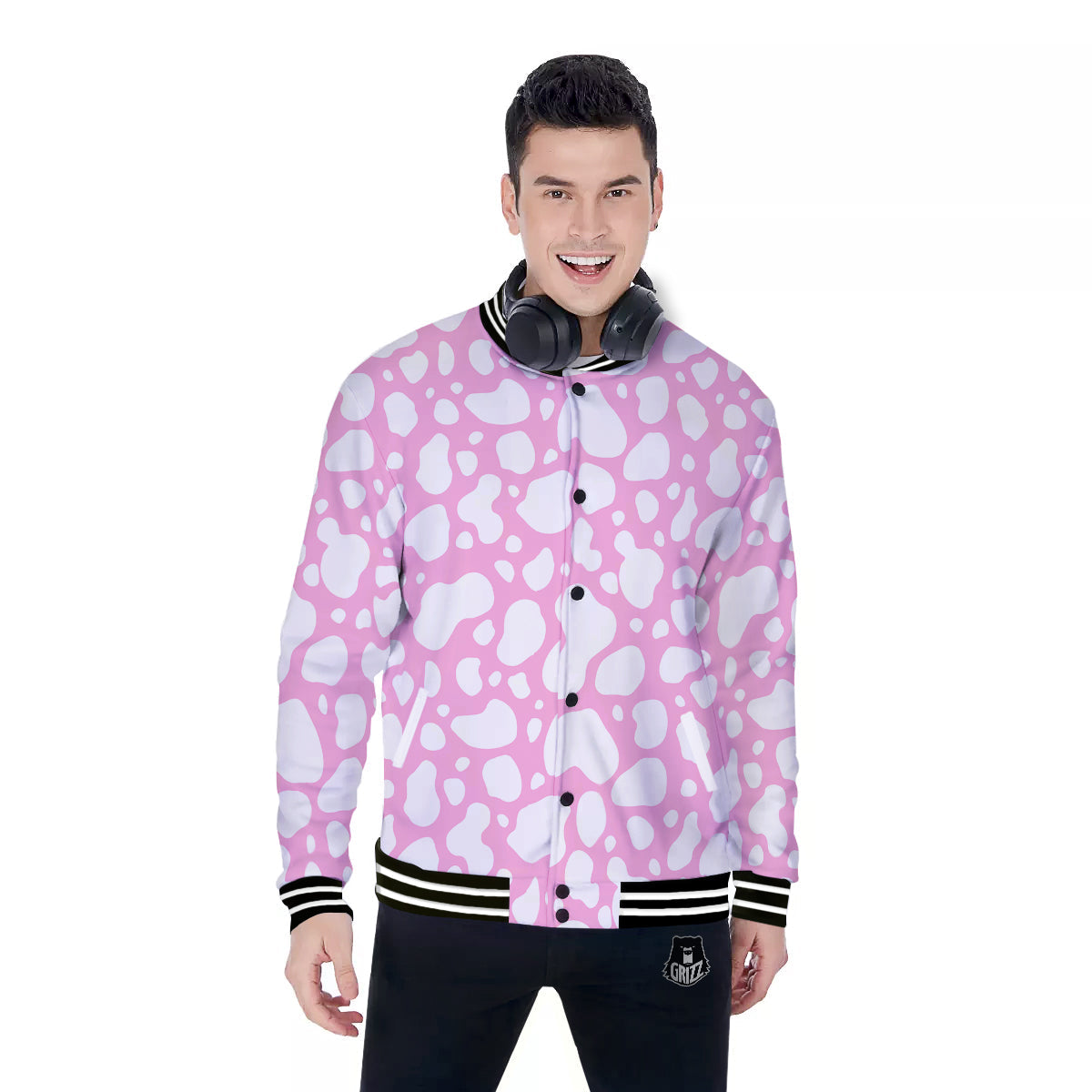 Cow Pink And White Print Pattern Baseball Jacket-grizzshop