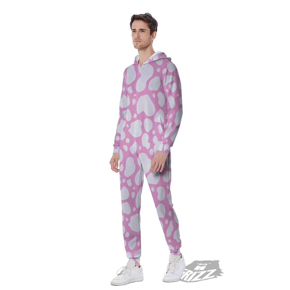 Cow Pink And White Print Pattern Men's Jumpsuit-grizzshop