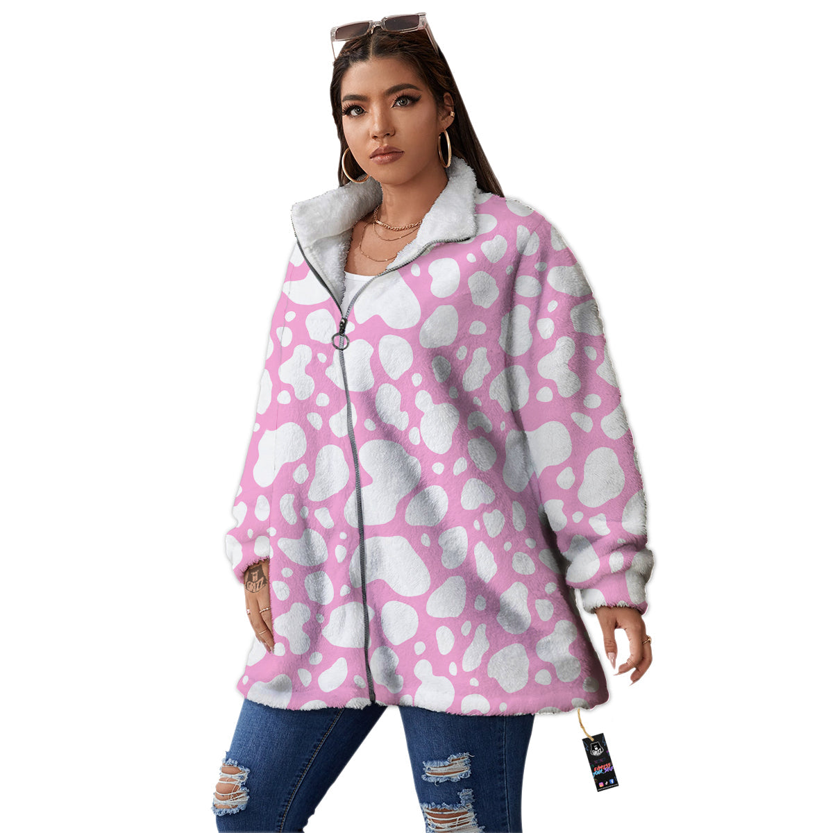 Cow Pink And White Print Pattern Women's Sherpa Jacket-grizzshop