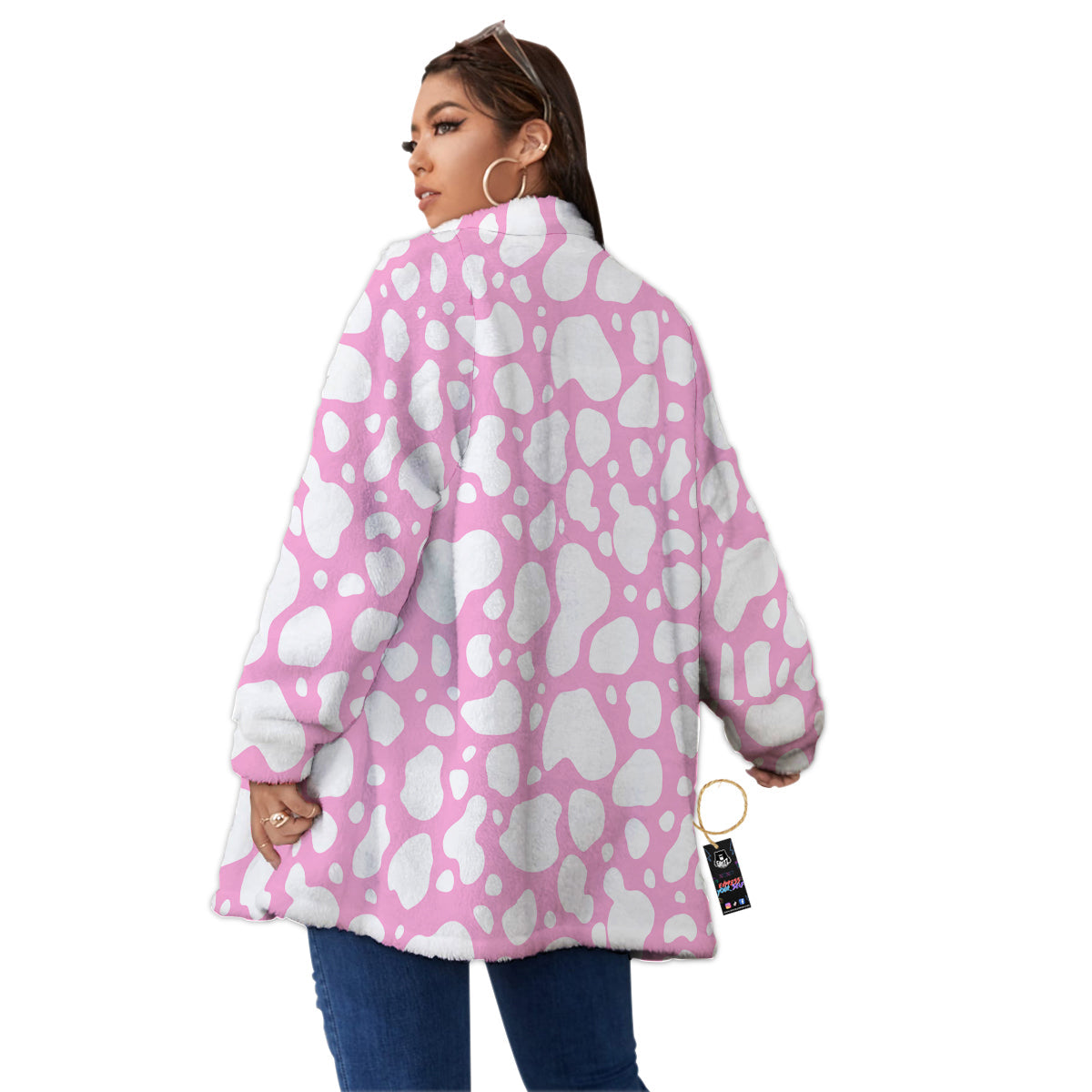 Cow Pink And White Print Pattern Women's Sherpa Jacket-grizzshop