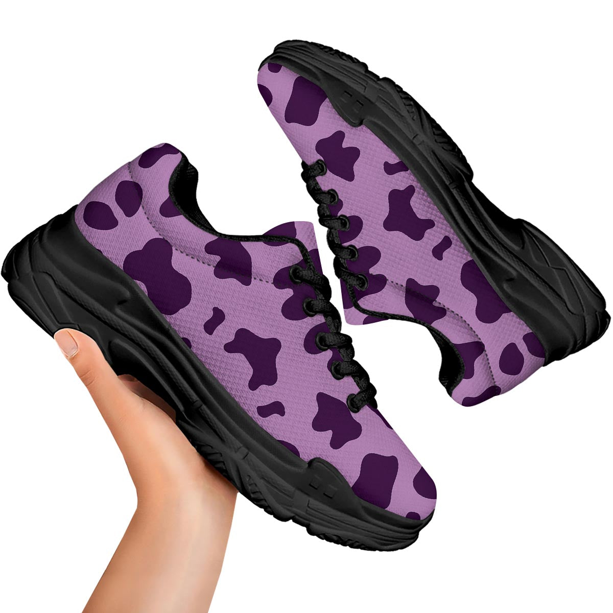 Cow Purple Print Pattern Black Chunky Shoes-grizzshop