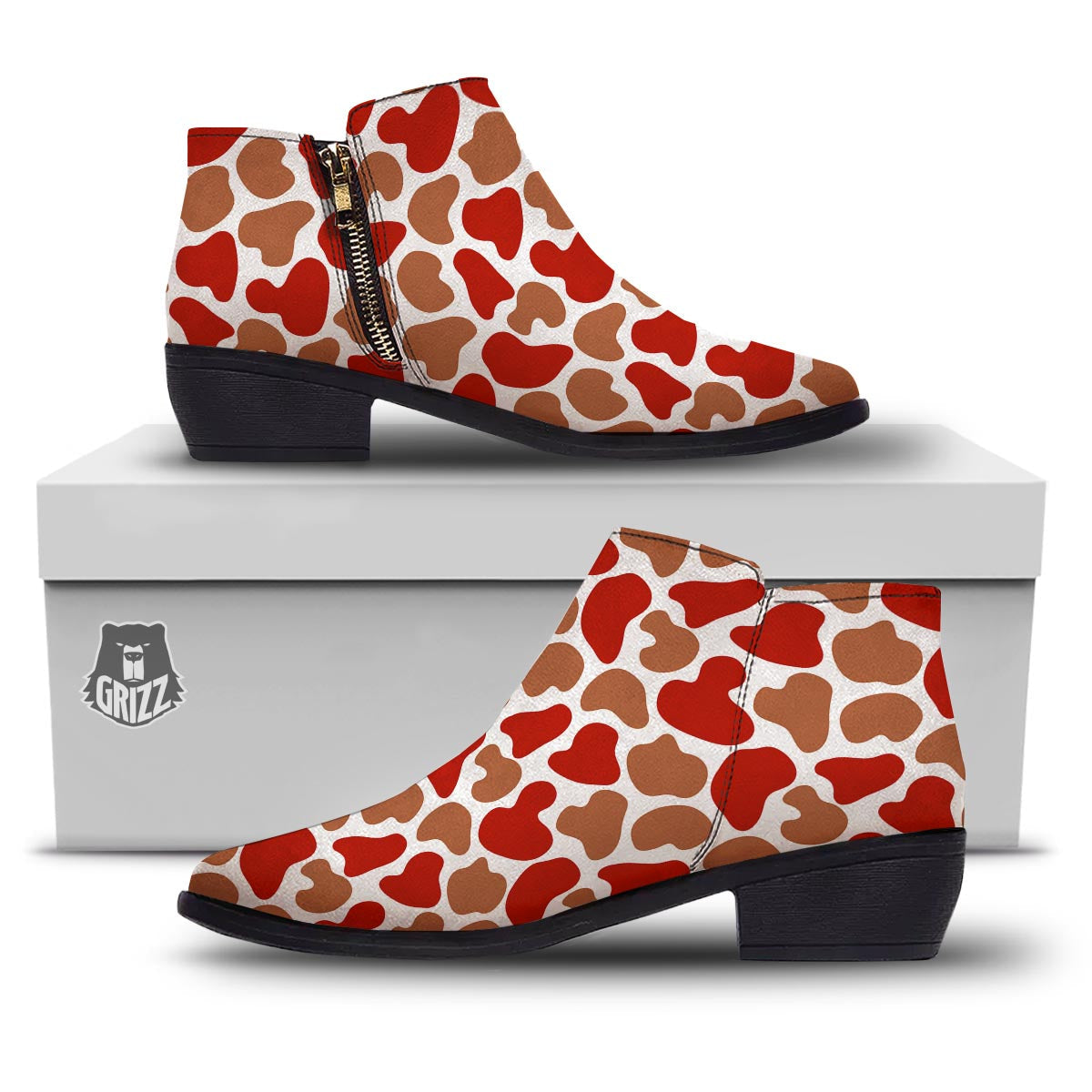 Cow Red Brown Print Pattern Ankle Boots-grizzshop