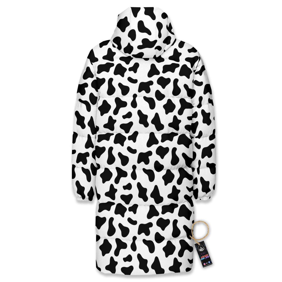 Cow White And Black Print Pattern Long Down Jacket-grizzshop