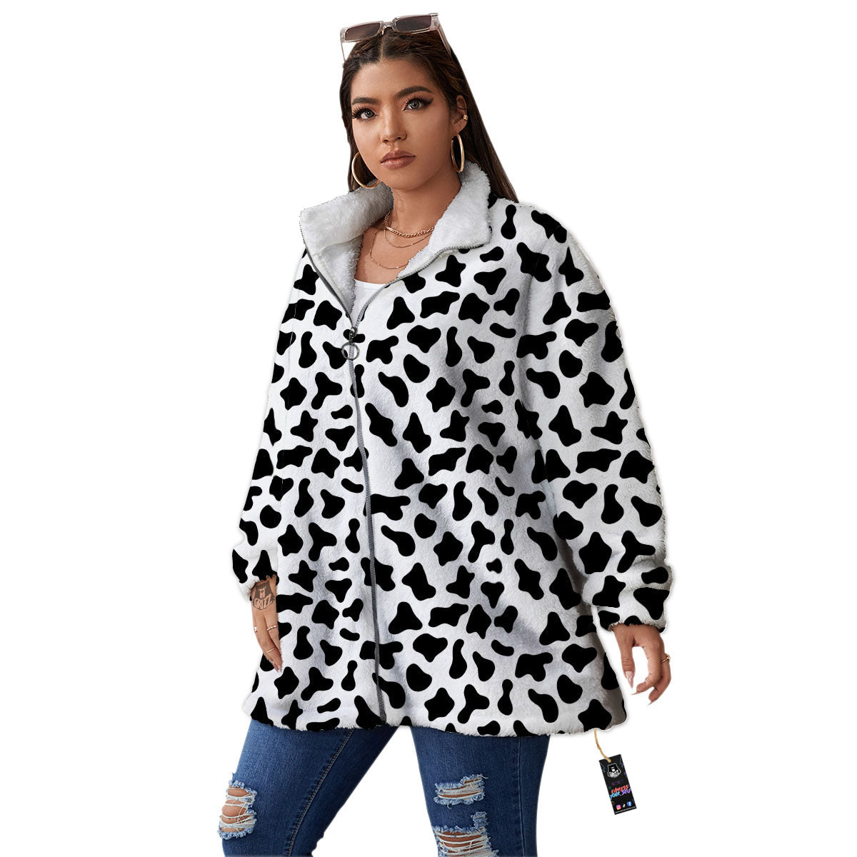 Cow White And Black Print Pattern Women's Sherpa Jacket-grizzshop