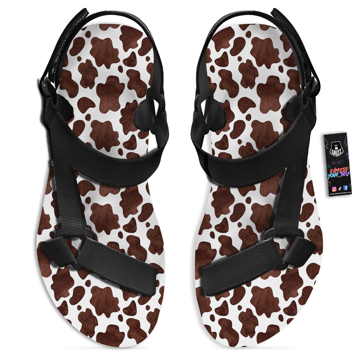 Cow White And Brown Print Black Open Toe Sandals-grizzshop