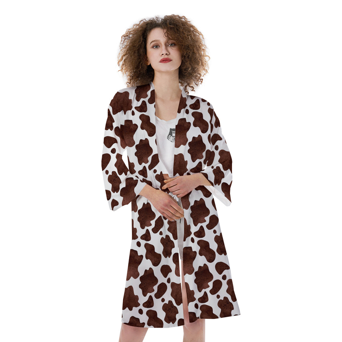 Cow White And Brown Print Kimono-grizzshop